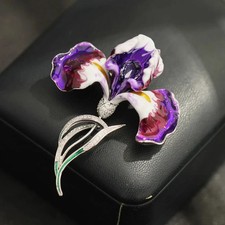 Vintage Purple Iris Brooch Pin Crystal Rhinestone Flower Statement Jewelry Gift picture