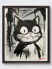 Black White Tuxedo Cat Abstract Expressionist Acrylic Original Art 14x11 Paper picture