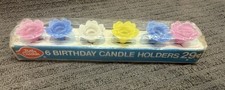 6 Vtg MCM Betty Crocker Birthday Cake Candle Holder Flowers Pastel Colors NOS picture