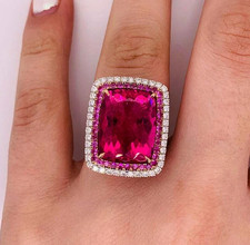 17.25CT Huge Cushion Cut Pink Tourmaline & White CZ Double Halo Wedding Ring. picture