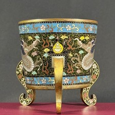 Antique Japanese Meiji Fine-Wire Cloisonné Dragon Tripod Vessel 4” picture