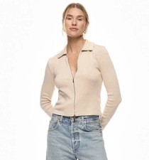Madewell Ribbed Zip Front Tee Cardigan Oatmeal Cotton Collared Sweater M NWT picture