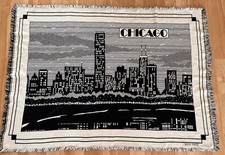 VTG CHICAGO Skyline Black & White Throw Blanket Tapestry MWW 1991 picture