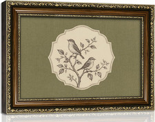 Vintage Gold Framed Bird Sketch Wall Art, Neutral Green Floral Botanical Sparrow picture