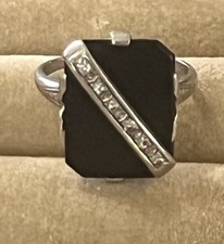 Vintage Art Deco 14k White Gold Ring With A Black Onyx Stone & Diamond Accents picture