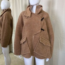Ganni Boucle Wool Blend Coat Camel Brown Toggle Zip Oversized Jacket Size 32 picture
