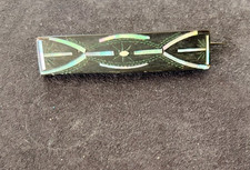 Antique 1890s Victorian Black Wood Bar Brooch Mother of Pearl Inlay Mourning Pin picture