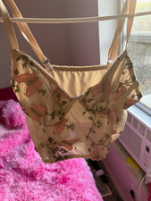 ROMWE Sheer Floral Embroidered Mesh Wireless Bralette Bra Beige/Pink S picture