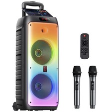 Portable Rolling Karaoke Machine Bluetooth PA Speaker 2 Wireless Mics RGB Lights picture