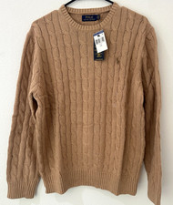 Polo Ralph Lauren Men's Cable Knit Cotton Crewneck Sweater Brown Pony L picture
