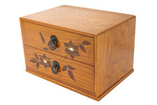 Vintage Japanese Wooden 2 Drawer Cabinet KUSACHU Clematis Flower Inlaid Chest picture
