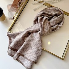 GUCCI SCARF SHAWL AUTHENTIC 100% SILK BEIGE BROWN LIGHT WEIGHT CLASSIC GG LOGO picture