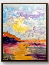 Original Moody Coastal Sunset 11x14 Signed Acrylic Abstract Canvas Painting A362 picture