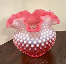Vintage Fenton Cranberry Opalescent Hobnail Ruffled Rose Bowl Vase #3850 - Pre-L picture