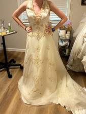 Alfred Angelo Halter A-Line Tulle Embroidered Beaded Ivory Gold Dress 10 picture