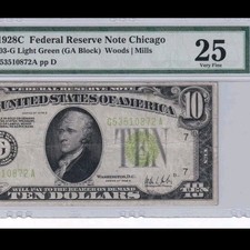 1928C $10 Federal Reserve Note Chicago PMG 25 VF FR-2003-G Light Green Seal picture