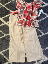 Tahari Girl 2-Piece Size 6 Floral Ruffle Cap Sleeve Top Beige Wide-Leg Pants picture