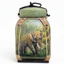 Handmade Thai Lanna Bamboo Sticky Rice Basket Elephant Painted Home Decor picture