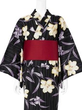 Japanese Yukata Set Women Cotton Kimono Summer Festival Lily  Navy Obi Belt picture