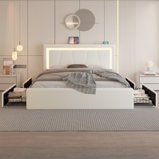 Queen/Full Bed Frame with  Upholstered LED Headboard＆4 Storage Drawer, Charging picture