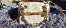 GUESS White/Tan Logo Satchel Top Handle Crossbody, Gold Chain, Zip Pockets picture