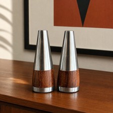 Vintage Danish Modern Rosewood & Stainless Steel Salt Pepper Shakers Denmark MCM picture