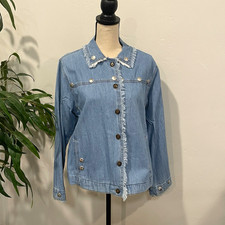 NWT Vintage CMC Southwestern Concho Denim Jacket Fringe Raw Hem USA Size M picture