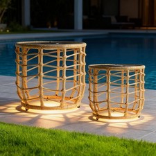 Solar Outdoor Side Table Set of 2 Boho Wicker Natural picture