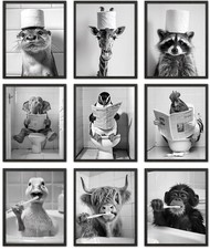 Kizbok Funny Bathroom Wall Art, Black and White Wall Art, Cute Animals Canvas... picture