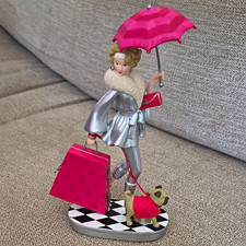 Resin Figurine Woman w/ Dog Pink Umbrella & Luggage Bag Metallic 3D Effect picture