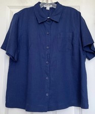 NEW Coldwater Creek 100% Linen Short Sleeve Button Up Dark Blue Blouse Size PL picture