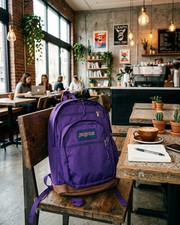 Vintage JanSport Backpack Purple USA Made Leather Bottom School 90 Retro 19x12x6 picture