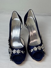 ElegantPark Navy Blue Satin Peep Toe Wedding Heels Rhinestone Women Size 8 picture