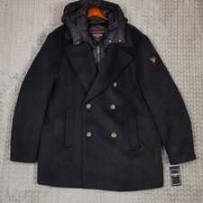 NWT Guess Jeff Peacoat Mens XL Navy Sea Hooded Quilted Bib Double Breasted picture