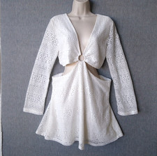 H&M Cutout Lace Mini Dress XL Open-Back White Long Sleeve Crochet V Neck Divided picture