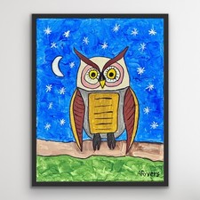 ARivers Postmodern Art 14x11 Midnight Owl Canvas Painting Original Collectible picture