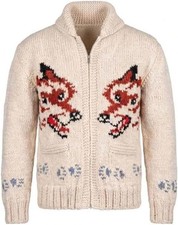 Men's Hand Knit Wool Wolf Cardigan – Vintage Canadian Cowichan Style Sweater picture