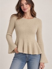 Ann Taylor Petite Ribbed Peplum Sweater MP Beige Merino Wool Blend NWT picture