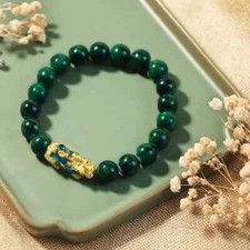 Handmade 8MM Green Jade Beads Pixiu Charm Healing Woman Man Stretch Bracelet picture
