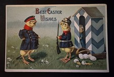 ~Dressed~Soldier Chicks~Guard Eggs~ Antique~Easter Fantasy Postcard~s220 picture