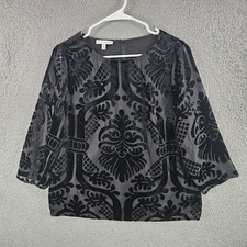 RSVP by Talbots Womens Black Velvet Burnout Damask Blouse 3/4 Sleeve Size M picture