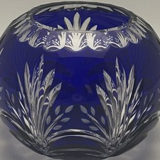 AJKA Cobalt Blue Crystal Cut To Clear Rose Bowl Vase c1980s Made in Hungary 4