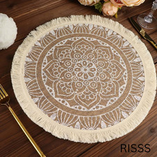 Boho Round Jute Placemat with Lace Mandala & Fringe  4 Pack picture