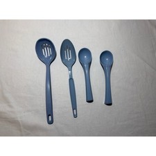 Vintage EKCO Slate Blue Melamine Kitchen Utensil Set 4pc Slotted Serving Spoons picture