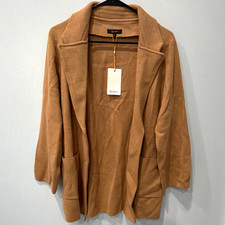 Quince Brown Knit Open Front Collared Cardigan Sweater w/ Pockets Women's M picture