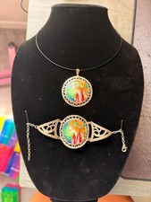 Alphonse Mucha Inspired Minankari 925 Silver Enamel Bracelet Pendant Set picture