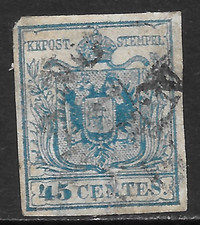 AUSTRIA  LOMBARDY - VENETIA SCOTT 6 USED VF - 1850 45c BLUE  COAT OF ARMS picture