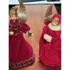 Vintage Pair Christmas Tree Toppers Velvet Angel Figures Gold Wings 7