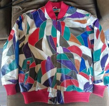 VINTAGE DAVID GREEN Patchwork Genuine Leather Bomber Jacket Multicolor Retro 80s picture