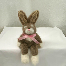 Vtg Russ Hopscotch Brown White Bunny Rabbit Plush Pink Ribbon 11” Poseable Ears picture